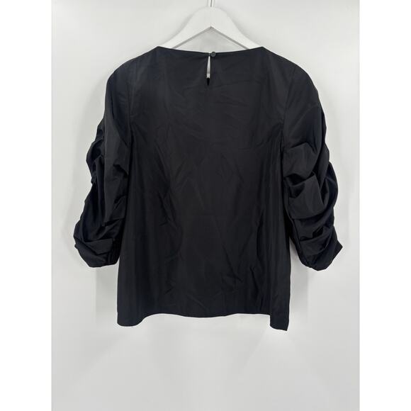 Tibi Blouse Womens 4 Black Ruched Ruffle 3/4 Sleeves Keyhole Back Button - Picture 11 of 16